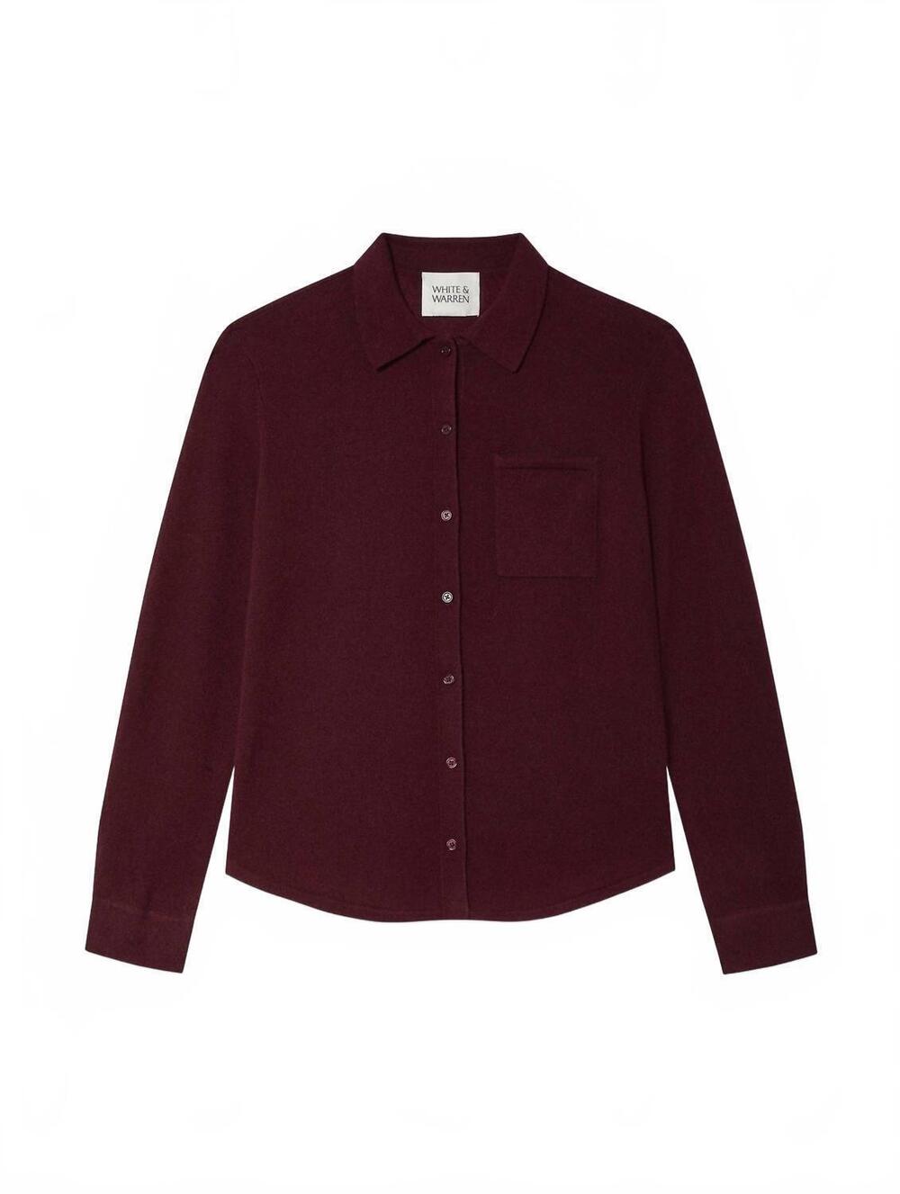 NEW WHITE + WARREN women's cashmere button down shirt in sangria